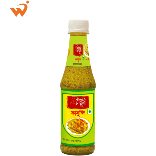 A bottle of Radhuni Kasundi, a traditional tangy Bengali mustard relish.