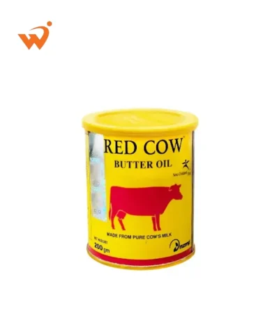 Red Cow Butter Oil 200gm iconic red and yellow tin with a traditional glass of milk and butter oil illustration.