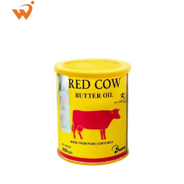 Red Cow Butter Oil 200gm iconic red and yellow tin with a traditional glass of milk and butter oil illustration.