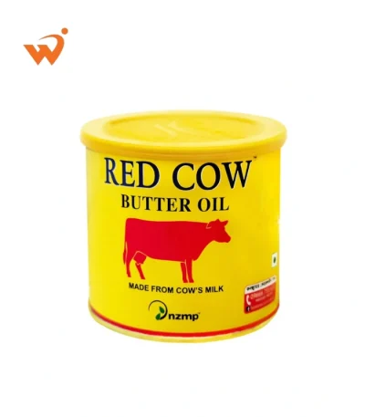Red Cow Butter Oil 400gm premium red and yellow tin showing a rich golden liquid texture and the iconic Red Cow logo.