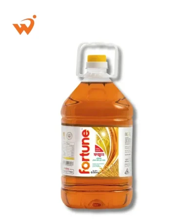 Fortune Health Power Rice Bran Oil 5 Litre large jar featuring a clear golden liquid and heart-health certification label.