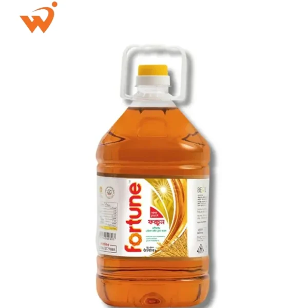 Fortune Health Power Rice Bran Oil 5 Litre large jar featuring a clear golden liquid and heart-health certification label.