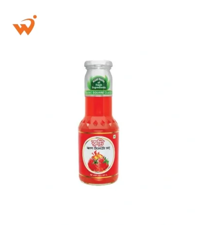 Ruchi Hot Tomato Sauce 350gm glass bottle with a vibrant label showing juicy red tomatoes and fiery red chillies.
