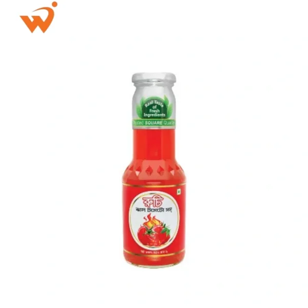 Ruchi Hot Tomato Sauce 350gm glass bottle with a vibrant label showing juicy red tomatoes and fiery red chillies.