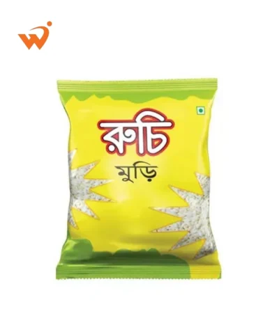 Ruchi Muri 400gm large transparent packet showing crispy, snow-white puffed rice with red and yellow branding.