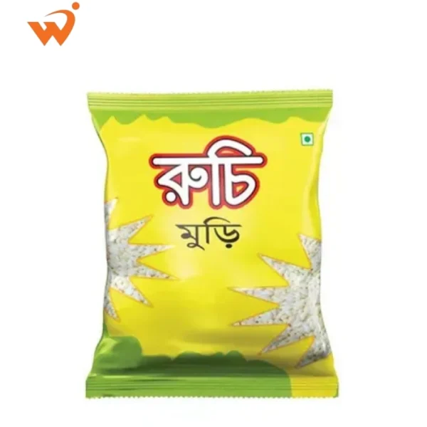 Ruchi Muri 400gm large transparent packet showing crispy, snow-white puffed rice with red and yellow branding.