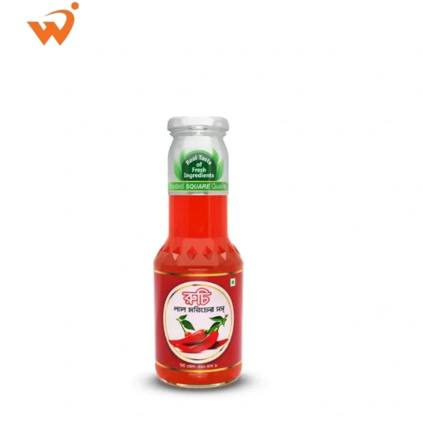 Ruchi Red Chilli Sauce 360gm bottle featuring bold red branding and an illustration of spicy red chillies.