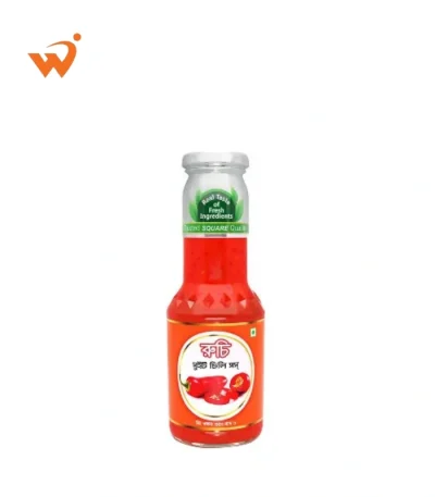 Ruchi Sweet Chilli Sauce 350gm glass bottle with a vibrant label showing red chillies and a dip bowl, highlighting a translucent red sauce.