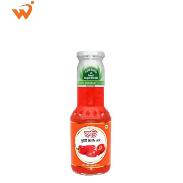 Ruchi Sweet Chilli Sauce 350gm glass bottle with a vibrant label showing red chillies and a dip bowl, highlighting a translucent red sauce.