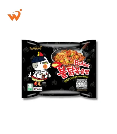 Samyang Buldak Original Spicy Ramen 140gm individual black packet featuring the fire-breathing "Hochi" chicken mascot and a bowl of dark, spicy stir-fry noodles.