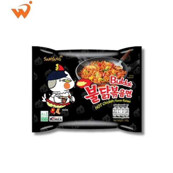 Samyang Buldak Original Spicy Ramen 140gm individual black packet featuring the fire-breathing "Hochi" chicken mascot and a bowl of dark, spicy stir-fry noodles.