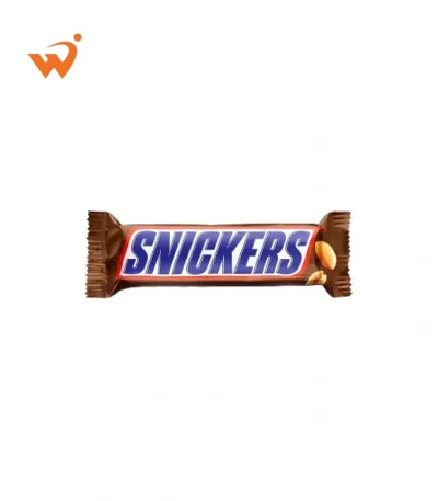 Snickers 50gm chocolate bar in its classic brown wrapper, showing a cross-section of milk chocolate, crunchy peanuts, caramel, and nougat.