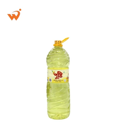 Pusti Soyabean Oil 2 Litre large handle jar showing clear refined vegetable oil.