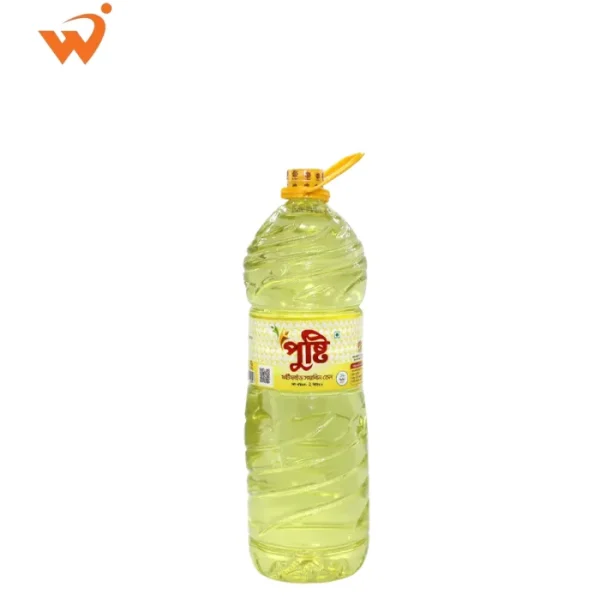 Pusti Soyabean Oil 2 Litre large handle jar showing clear refined vegetable oil.
