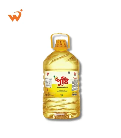 Pusti Soyabean Oil 5 Litre large handle jar showing clear refined vegetable oil.