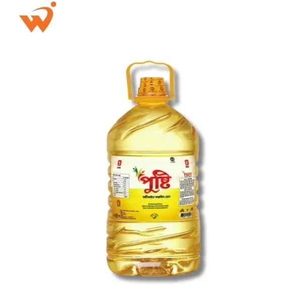 Pusti Soyabean Oil 5 Litre large handle jar showing clear refined vegetable oil.