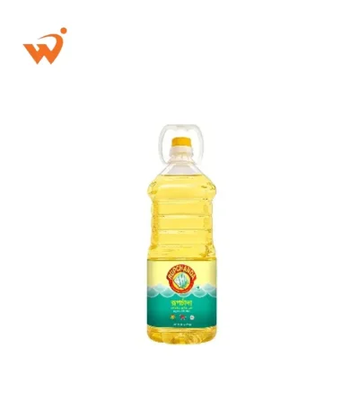 A 2-litre bottle of Rupchanda Fortified Soyabean Oil showing the premium gold packaging and Vitamin A seal.
