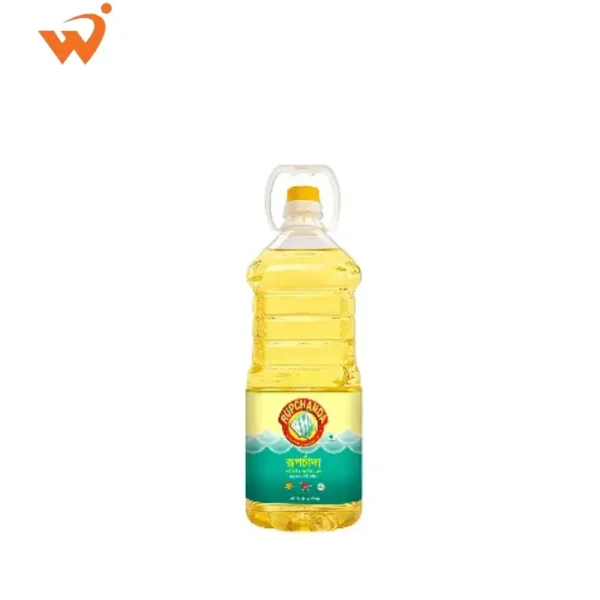 A 2-litre bottle of Rupchanda Fortified Soyabean Oil showing the premium gold packaging and Vitamin A seal.
