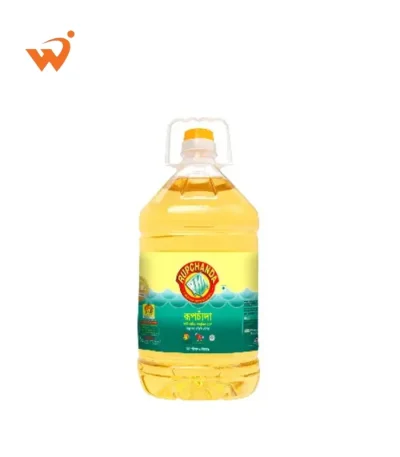 A 5-litre bottle of Rupchanda Fortified Soyabean Oil showing the premium gold packaging and Vitamin A seal.