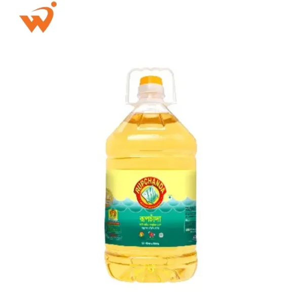 A 5-litre bottle of Rupchanda Fortified Soyabean Oil showing the premium gold packaging and Vitamin A seal.