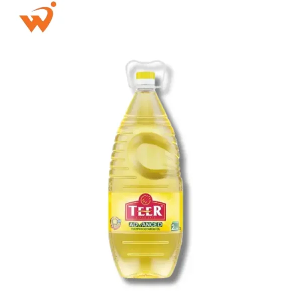 Teer Soyabean Oil 2 Litre PET bottle showing the clear, golden refined oil with a nutrition-focused lab