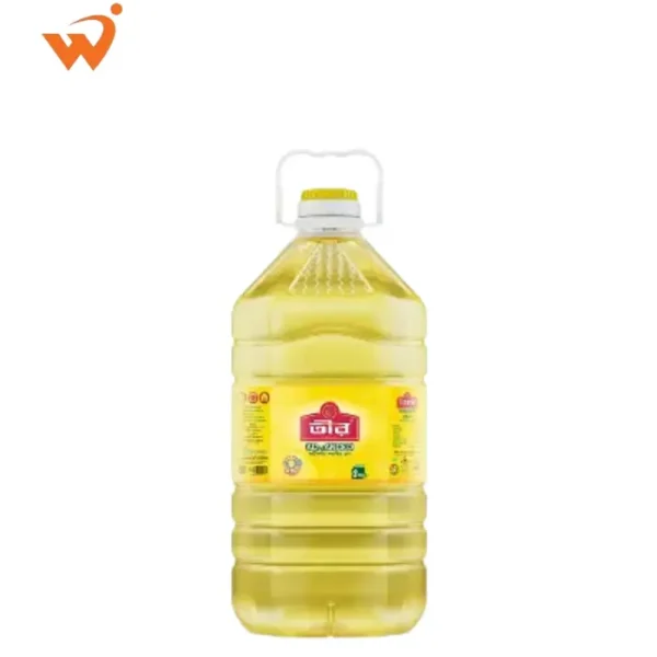 Teer Soyabean Oil 5 Litre PET bottle showing the clear, golden refined oil with a nutrition-focused label.