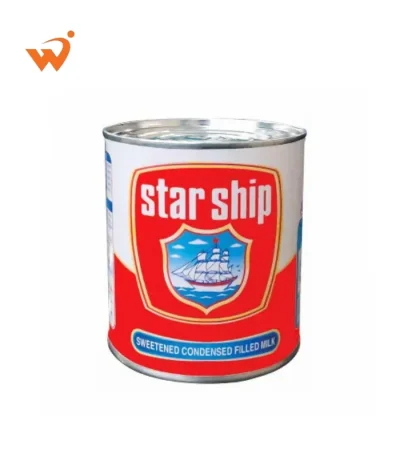 Starship Sweetened Condensed Milk 400gm blue and silver tin showing a creamy white pouring texture.