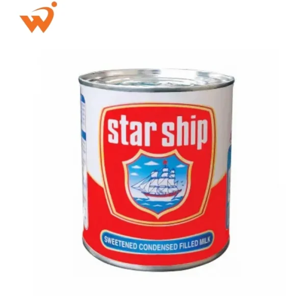 Starship Sweetened Condensed Milk 400gm blue and silver tin showing a creamy white pouring texture.