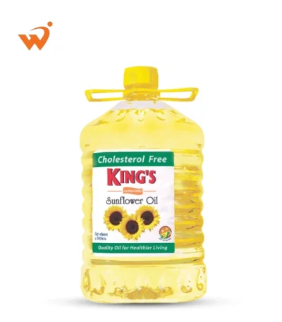 Kings Premium Sunflower Oil 5 Litre transparent jar with clear, light golden refined oil and heart-health label.