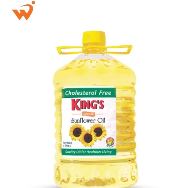 Kings Premium Sunflower Oil 5 Litre transparent jar with clear, light golden refined oil and heart-health label.
