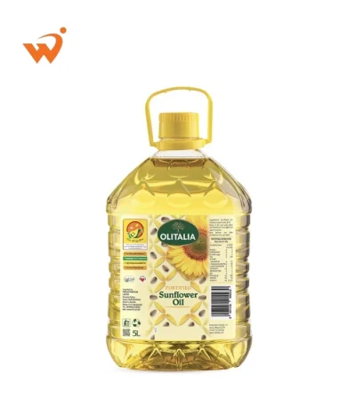 Olitalia Sunflower Oil 5 Litre PET bottle with premium Italian branding and clear, high-quality refined vegetable oil.