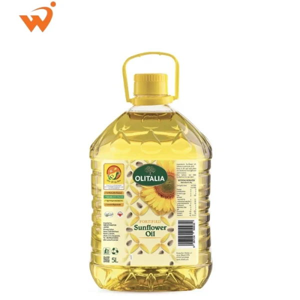 Olitalia Sunflower Oil 5 Litre PET bottle with premium Italian branding and clear, high-quality refined vegetable oil.