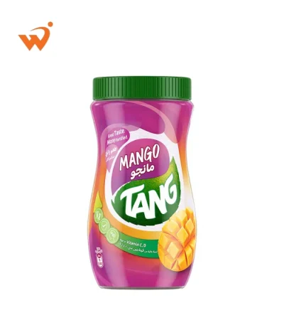 Tang Mango Instant Drink Powder 750gm large orange jar featuring a glass of thick mango juice and a slice of ripe yellow mango.