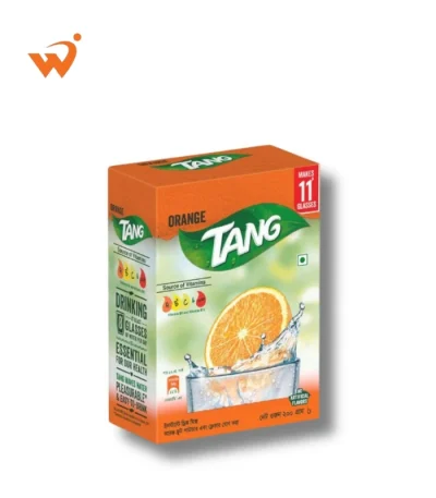 Tang Orange Instant Drink Powder 200gm flexible pouch featuring a refreshing glass of orange juice and fresh orange fruit graphics.
