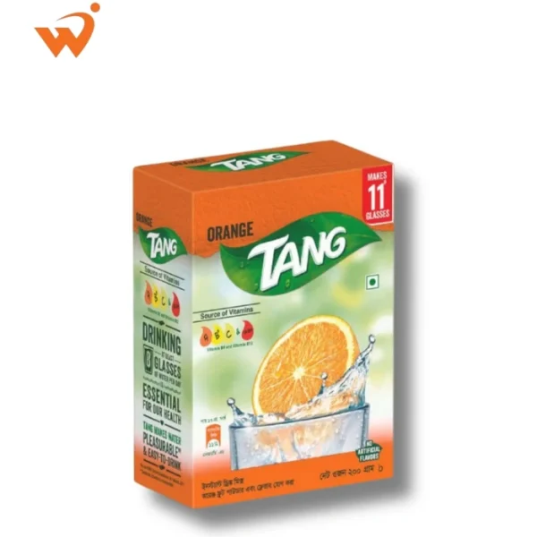 Tang Orange Instant Drink Powder 200gm flexible pouch featuring a refreshing glass of orange juice and fresh orange fruit graphics.