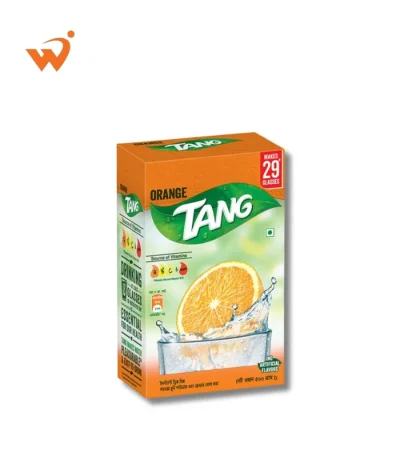 Tang Orange Instant Drink Powder 500gm mid-sized pouch with vibrant orange branding and an illustration of a cold, iced glass of juice.