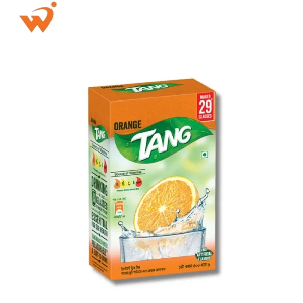Tang Orange Instant Drink Powder 500gm mid-sized pouch with vibrant orange branding and an illustration of a cold, iced glass of juice.