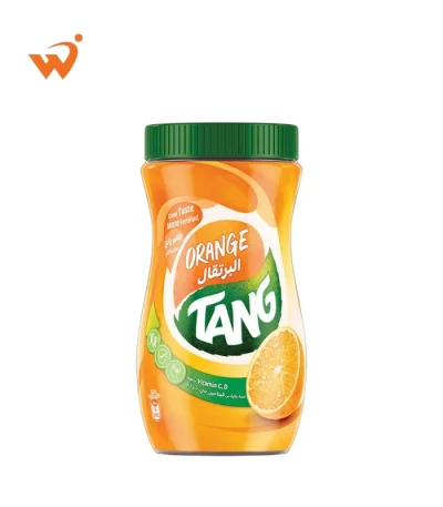 Tang Orange Instant Drink Powder 750gm large orange jar featuring a glass of iced orange juice and fresh orange slices.