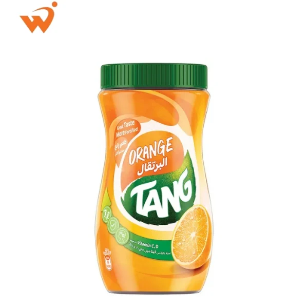 Tang Orange Instant Drink Powder 750gm large orange jar featuring a glass of iced orange juice and fresh orange slices.