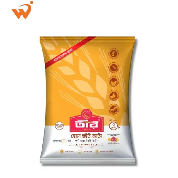 Teer Whole Wheat Atta 2KG brown flour packet showing natural fiber richness and high-protein grain illustration.