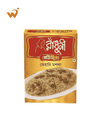 A 40gm packet of Radhuni Tehari Masala for authentic beef tehari.