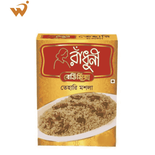 A 40gm packet of Radhuni Tehari Masala for authentic beef tehari.